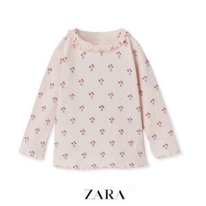 Zara Kids | Pink | Ruffly Floral Rib Shirt, 9-12 M